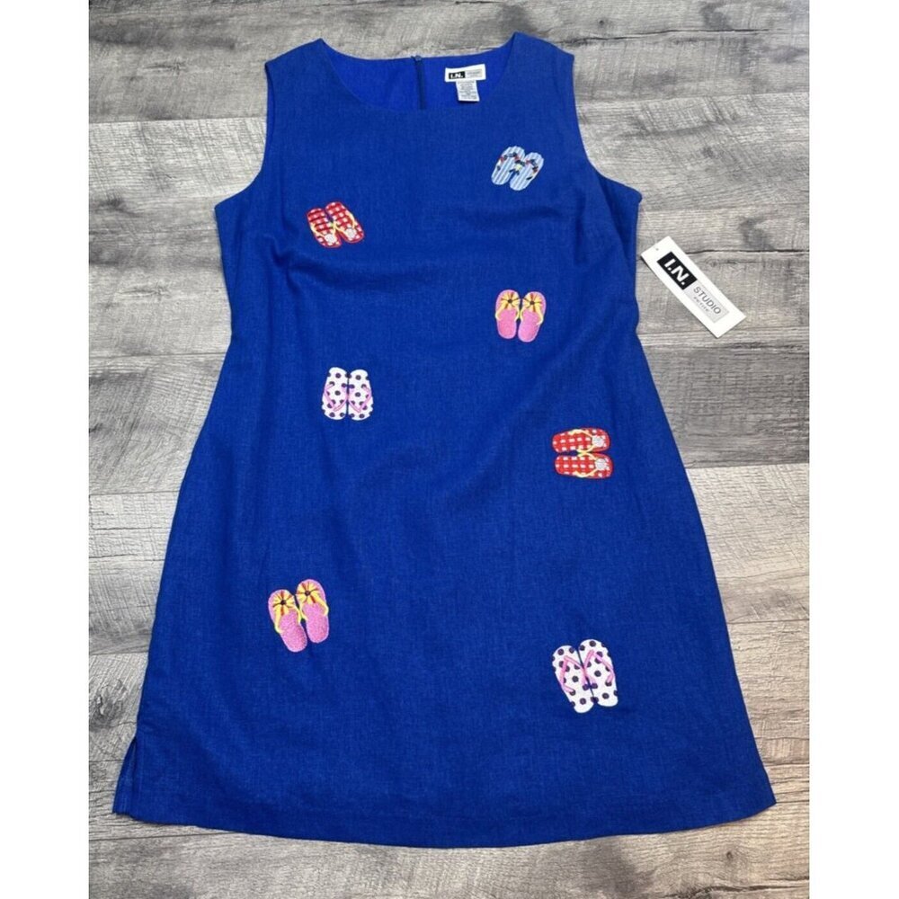 IN Studio Linen Dress Womens 12 P Blue Embroidered Shift Flip Flops Beach NEW
